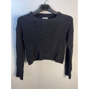 SO Black Cropped Pointelle Knit Sweater Womens Large Long Sleeve Cotton Blend